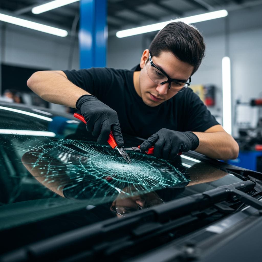 Technician repairing impact-resistant windshield in a professional workshop setting